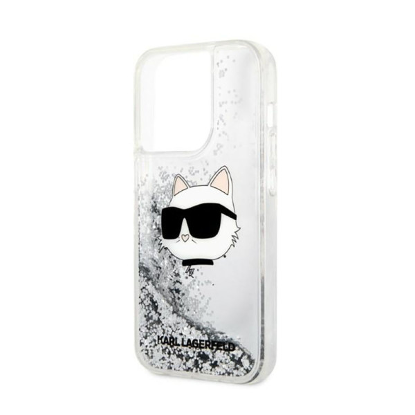 Etui Do iPhone 14 Pro Max Karl Lagerfeld Liquid Glitter NFT Choupette Head Srebrny