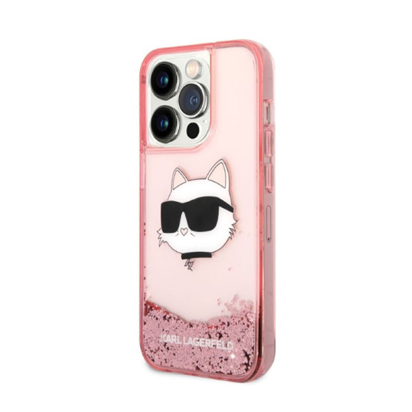 Etui Do iPhone 14 Pro Max Karl Lagerfeld Liquid Glitter NFT Choupette Head Różowy