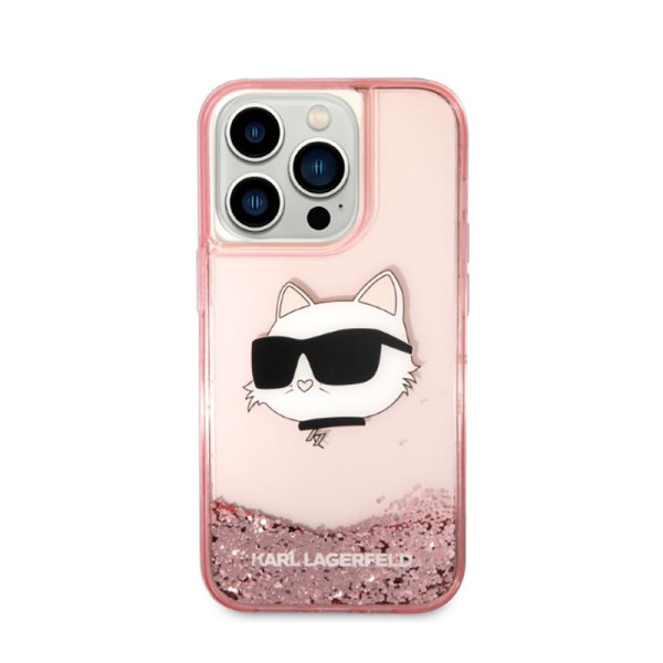 Etui Do iPhone 14 Pro Max Karl Lagerfeld Liquid Glitter NFT Choupette Head Różowy