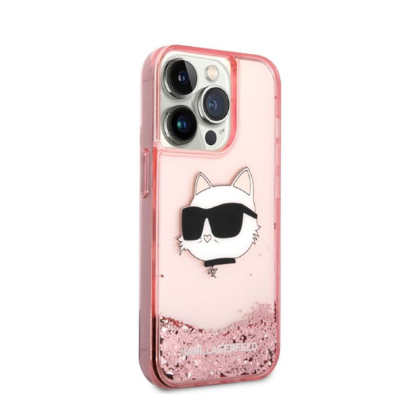 Etui Do iPhone 14 Pro Max Karl Lagerfeld Liquid Glitter NFT Choupette Head Różowy