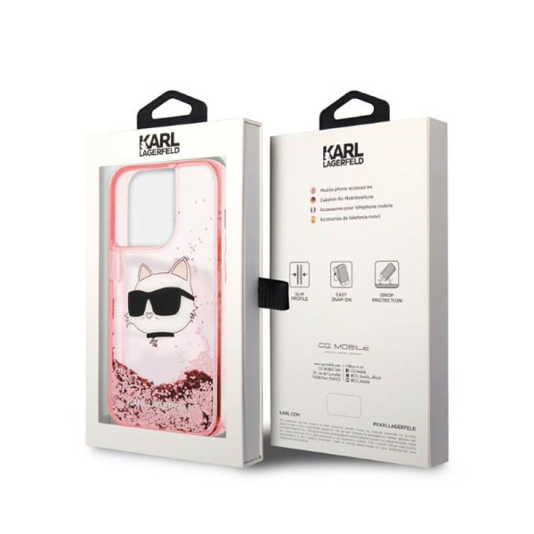 Etui Do iPhone 14 Pro Max Karl Lagerfeld Liquid Glitter NFT Choupette Head Różowy