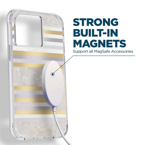 Etui Do iPhone 14 Pro Max Zdobione Masą Perłową Case-Mate Pearl Stripes MagSafe Biały