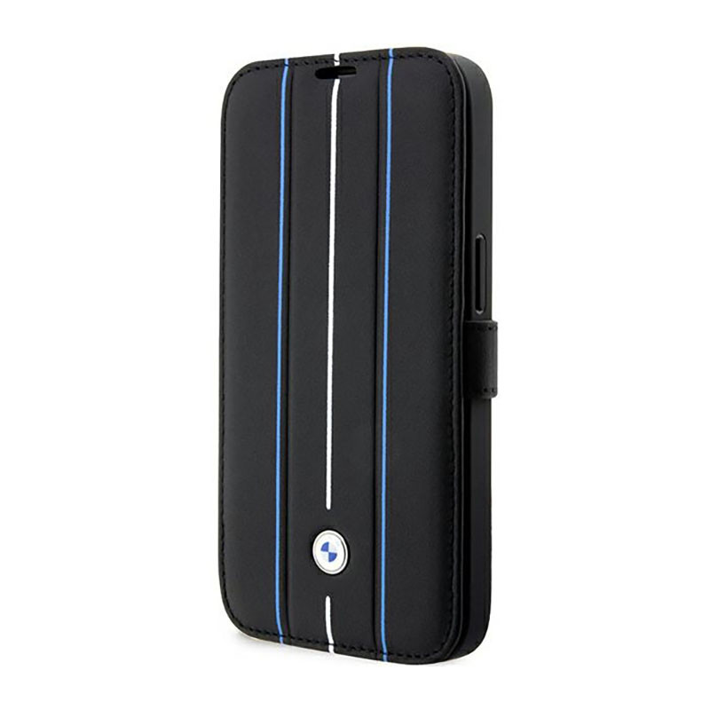 Etui Do iPhone 14 Pro Max BMW Booktype Leather Stamp Blue Lines Czarny