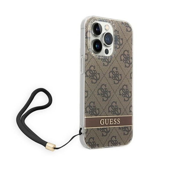 Etui Ze Smyczką Do iPhone 14 Pro Max Guess 4G Print Cord Brązowy