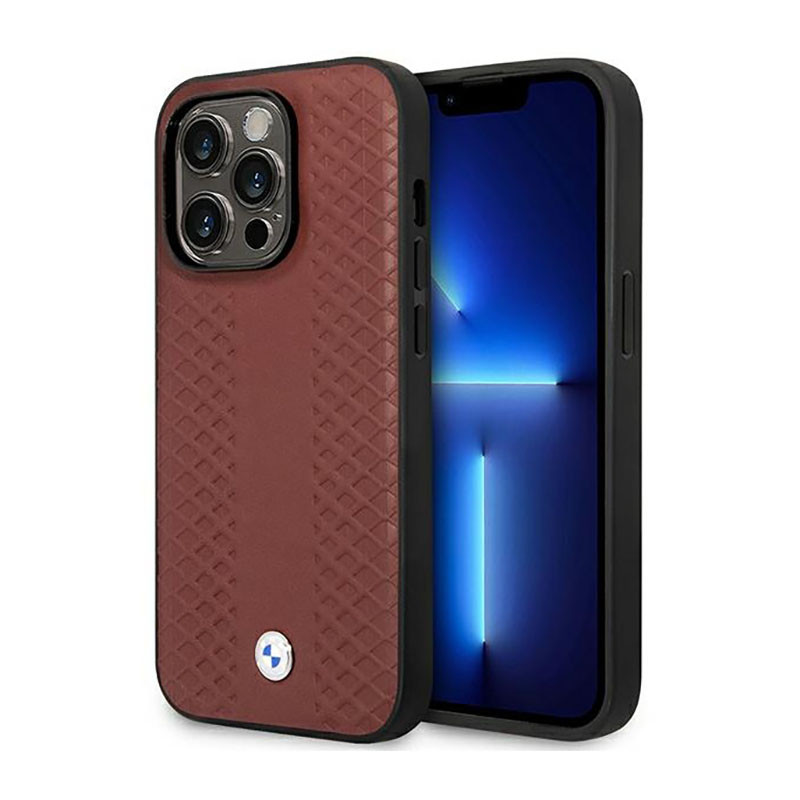Etui Do iPhone 14 Pro Max BMW Leather Diamond Pattern MagSafe Brązowy