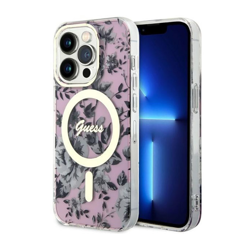 Etui Do iPhone 14 Pro Max Guess Flower MagSafe Różowy