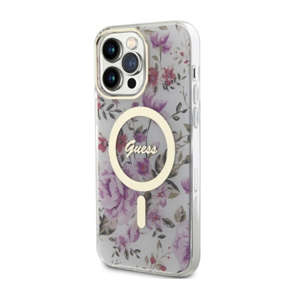 Etui Do iPhone 14 Pro Max Guess Flower MagSafe Przezroczysty