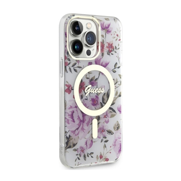 Etui Do iPhone 14 Pro Max Guess Flower MagSafe Przezroczysty