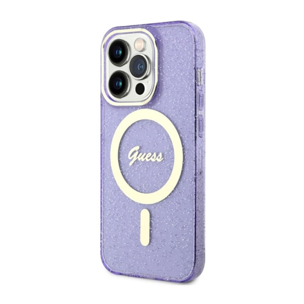Etui Do iPhone 14 Pro Max Guess Glitter Gold MagSafe Fioletowy