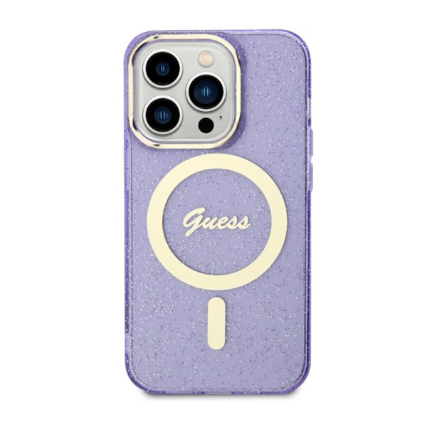 Etui Do iPhone 14 Pro Max Guess Glitter Gold MagSafe Fioletowy
