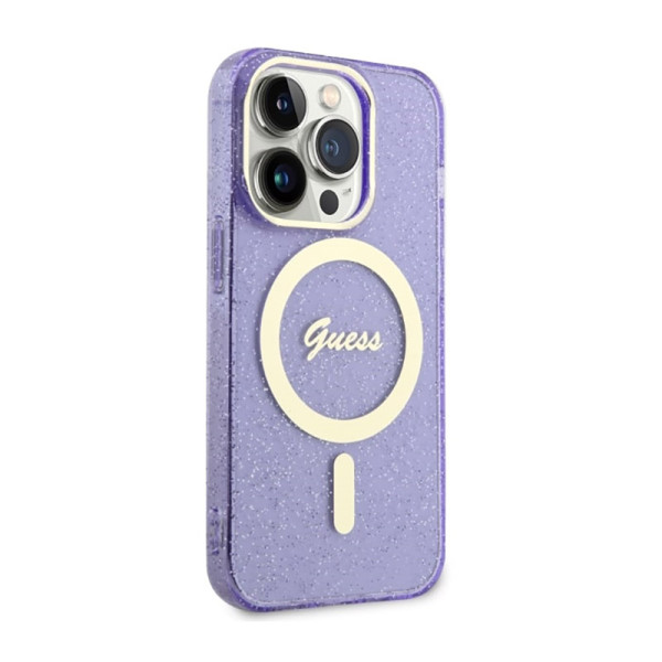 Etui Do iPhone 14 Pro Max Guess Glitter Gold MagSafe Fioletowy
