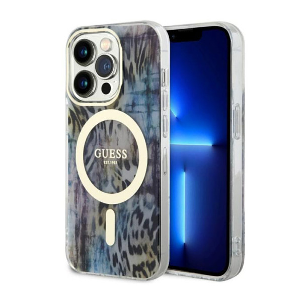 Etui Do iPhone 14 Pro Max Guess Leopard MagSafe Niebieski