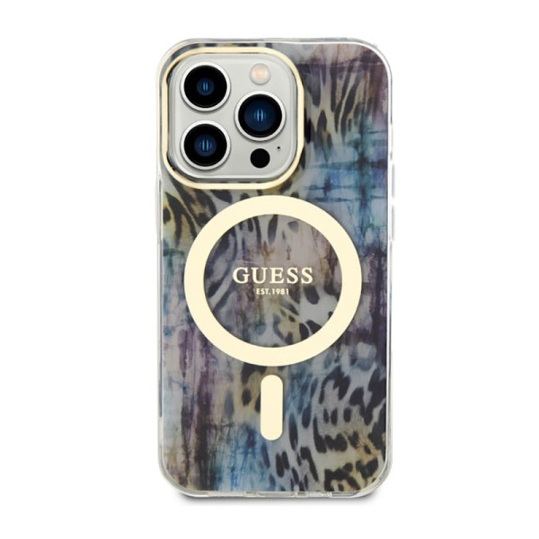 Etui Do iPhone 14 Pro Max Guess Leopard MagSafe Niebieski
