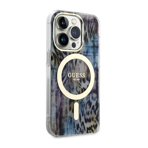 Etui Do iPhone 14 Pro Max Guess Leopard MagSafe Niebieski
