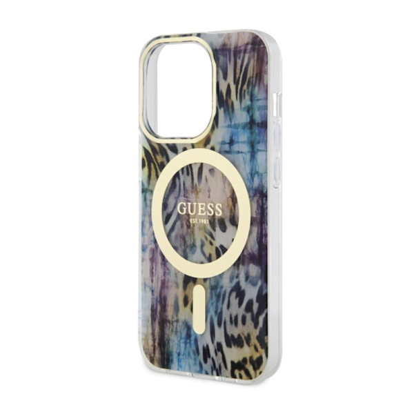 Etui Do iPhone 14 Pro Max Guess Leopard MagSafe Niebieski