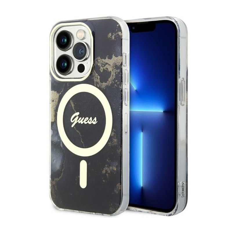 Etui Do iPhone 14 Pro Max Guess Golden Marble MagSafe Czarny