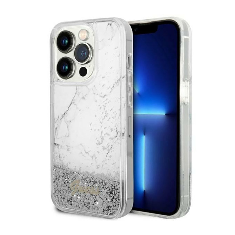 Etui Do iPhone 14 Pro Max Guess Liquid Glitter Marble Biały