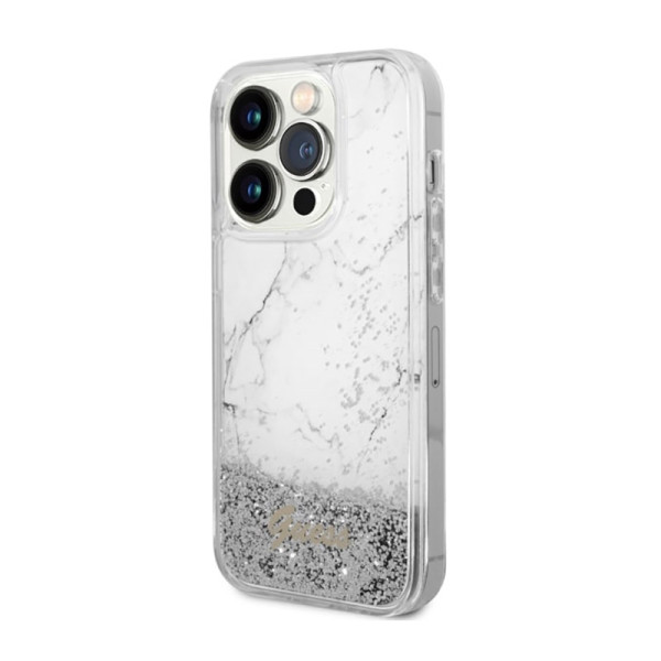 Etui Do iPhone 14 Pro Max Guess Liquid Glitter Marble Biały