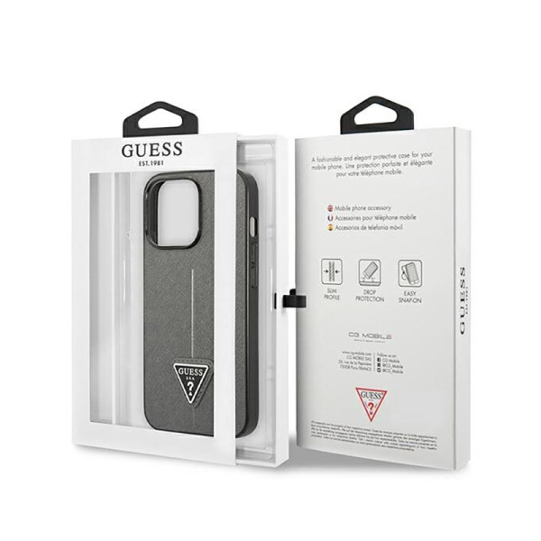 Etui Do iPhone 14 Pro Max Guess Saffiano Triangle Logo Case Srebrny