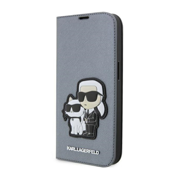 Etui Do iPhone 14 Pro Max Karl Lagerfeld Booktype NFT Saffiano Karl & Choupette Srebrny