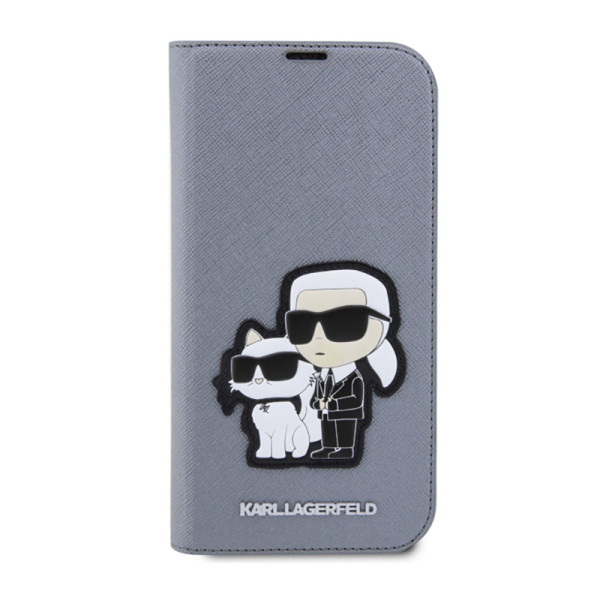 Etui Do iPhone 14 Pro Max Karl Lagerfeld Booktype NFT Saffiano Karl & Choupette Srebrny