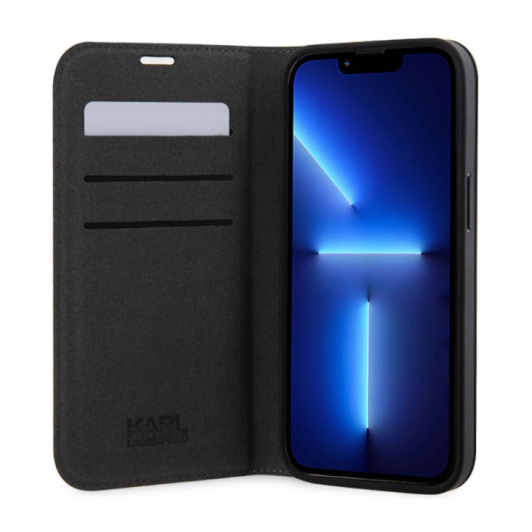 Etui Do iPhone 14 Pro Max Karl Lagerfeld Booktype NFT Saffiano Karl & Choupette Srebrny