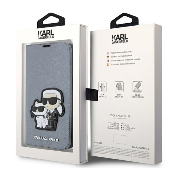 Etui Do iPhone 14 Pro Max Karl Lagerfeld Booktype NFT Saffiano Karl & Choupette Srebrny
