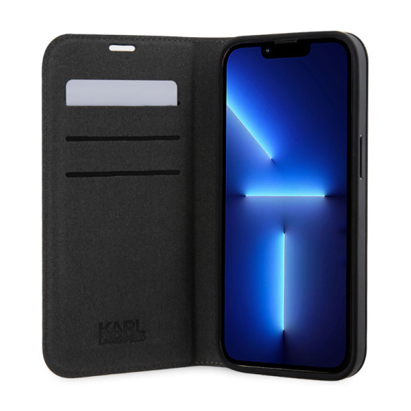 Etui Do iPhone 14 Pro Max Karl Lagerfeld Booktype Saffiano Monogram Srebrny