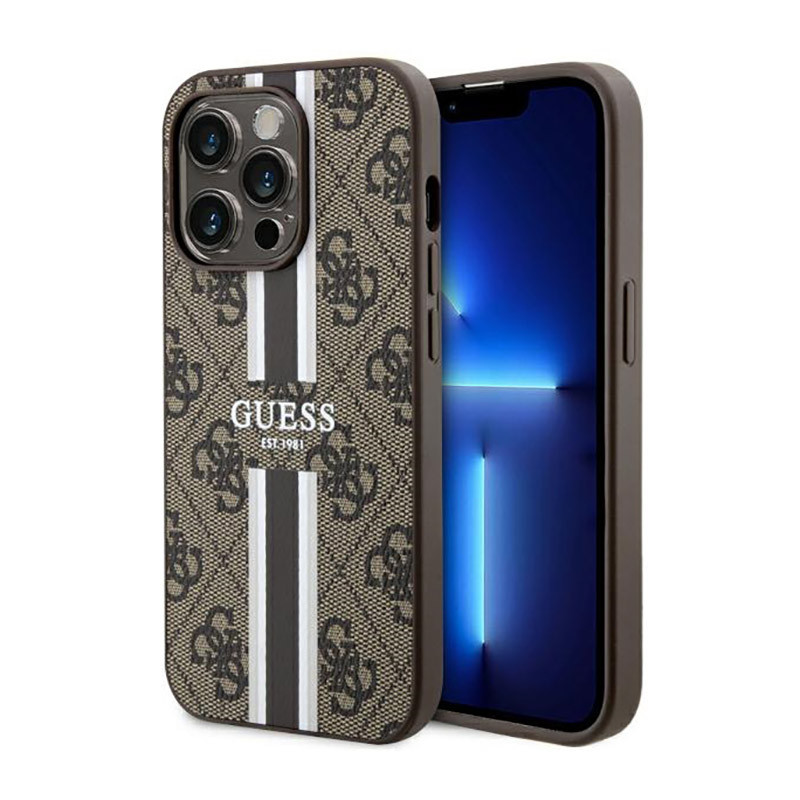 Etui Do iPhone 14 Pro Max Guess 4G Printed Stripes MagSafe Brązowy