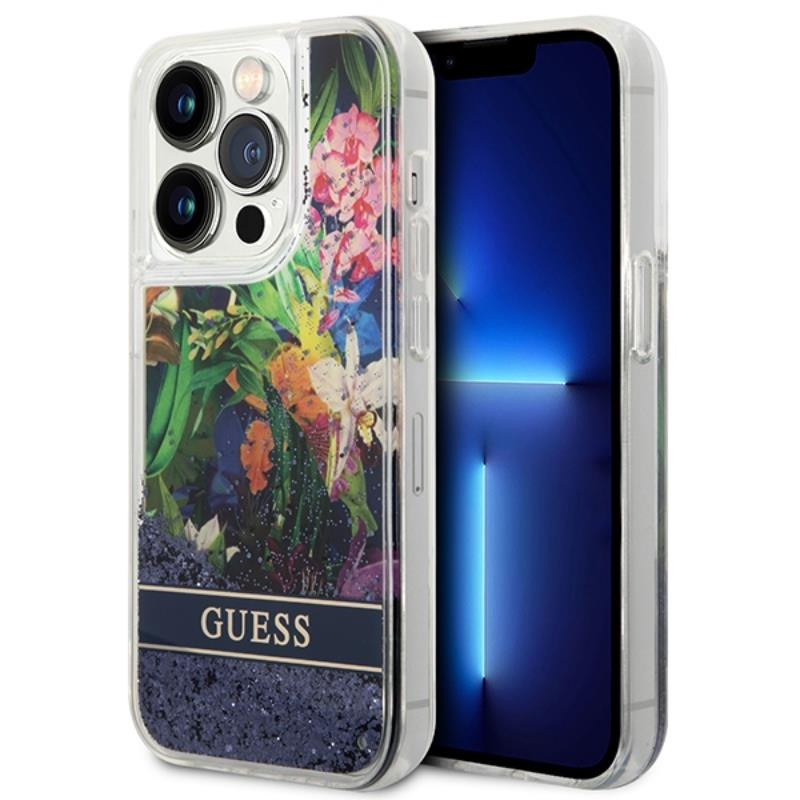 Etui Do iPhone 14 Pro Max Guess Liquid Glitter Flower Niebieski