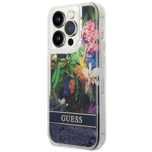 Etui Do iPhone 14 Pro Max Guess Liquid Glitter Flower Niebieski