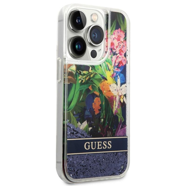 Etui Do iPhone 14 Pro Max Guess Liquid Glitter Flower Niebieski