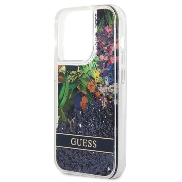 Etui Do iPhone 14 Pro Max Guess Liquid Glitter Flower Niebieski
