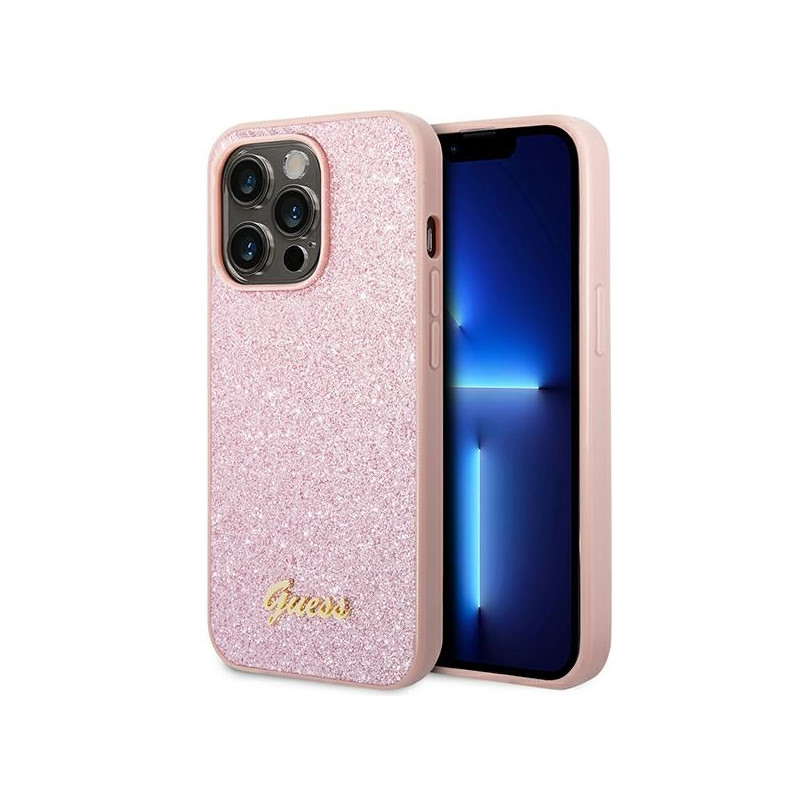 Etui Do iPhone 14 Pro Guess Glitter Flakes Metal Logo Case Różowy