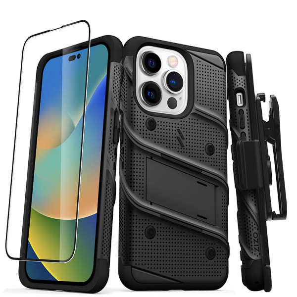 Etui Pancerne Do iPhone 14 Pro Ze Szkłem 9H Na Ekran + Uchwyt Z Podstawką Zizo Bolt Series Czarny