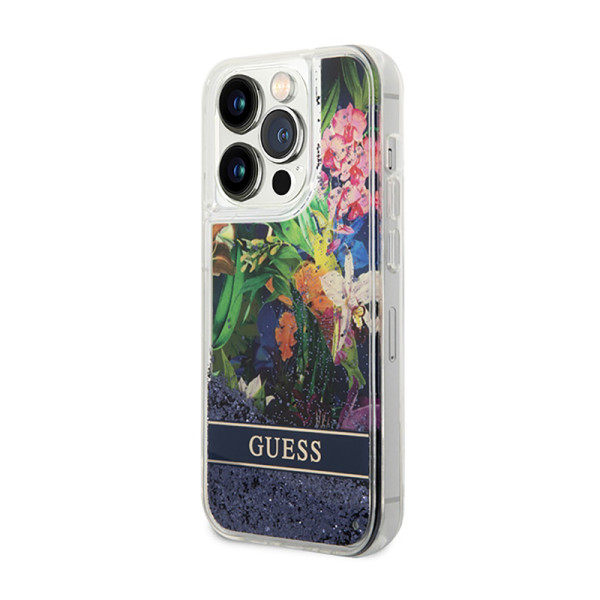 Etui Do iPhone 14 Pro Guess Liquid Glitter Flower Niebieski