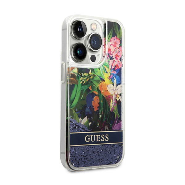 Etui Do iPhone 14 Pro Guess Liquid Glitter Flower Niebieski