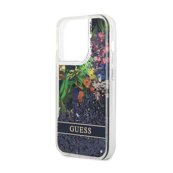Etui Do iPhone 14 Pro Guess Liquid Glitter Flower Niebieski