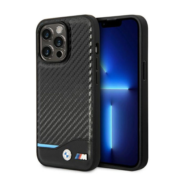 Etui Do iPhone 14 Pro BMW Leather Carbon Blue Line Czarny