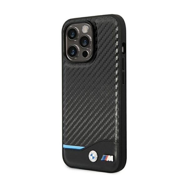 Etui Do iPhone 14 Pro BMW Leather Carbon Blue Line Czarny