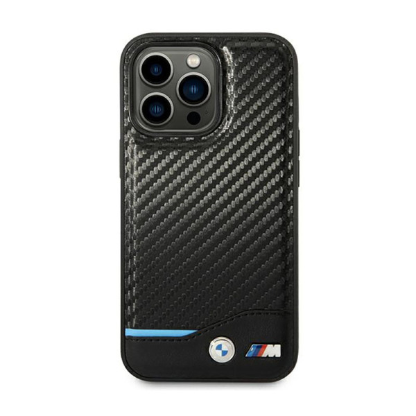 Etui Do iPhone 14 Pro BMW Leather Carbon Blue Line Czarny