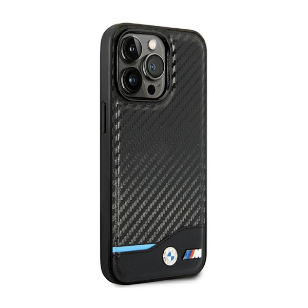 Etui Do iPhone 14 Pro BMW Leather Carbon Blue Line Czarny