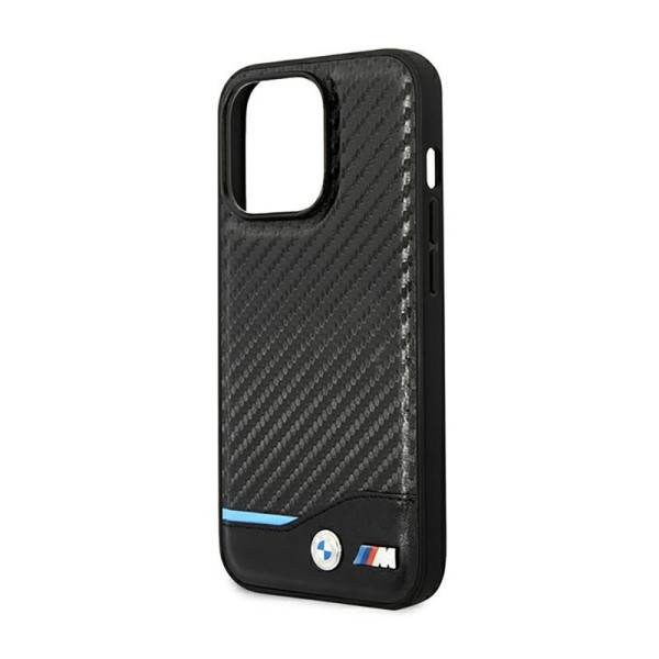 Etui Do iPhone 14 Pro BMW Leather Carbon Blue Line Czarny