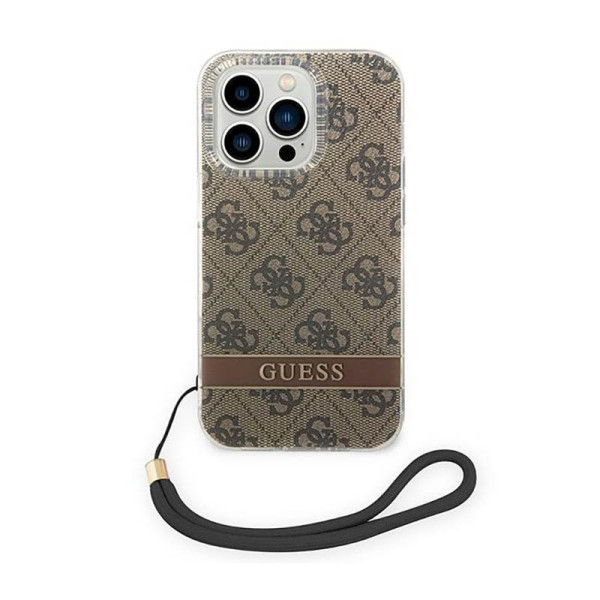 Etui Ze Smyczką Do iPhone 14 Pro Guess 4G Print Cord Brązowy