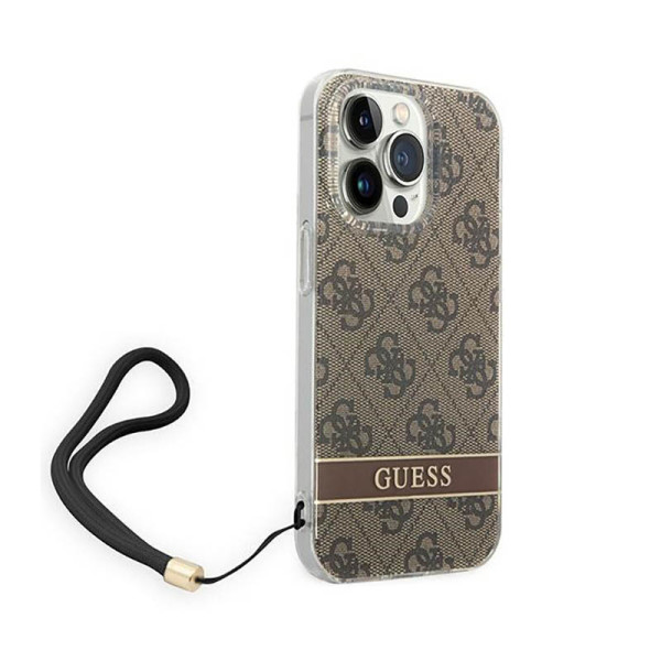Etui Ze Smyczką Do iPhone 14 Pro Guess 4G Print Cord Brązowy