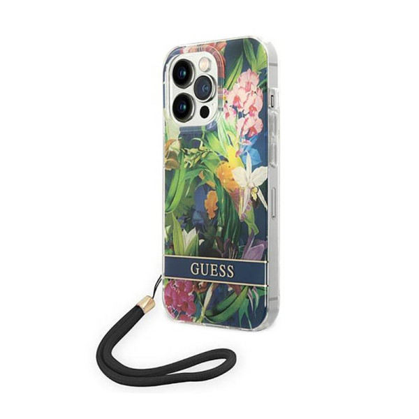 Etui Ze Smyczką Do iPhone 14 Pro Guess Flower Cord Niebieski