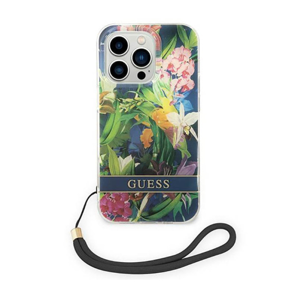 Etui Ze Smyczką Do iPhone 14 Pro Guess Flower Cord Niebieski