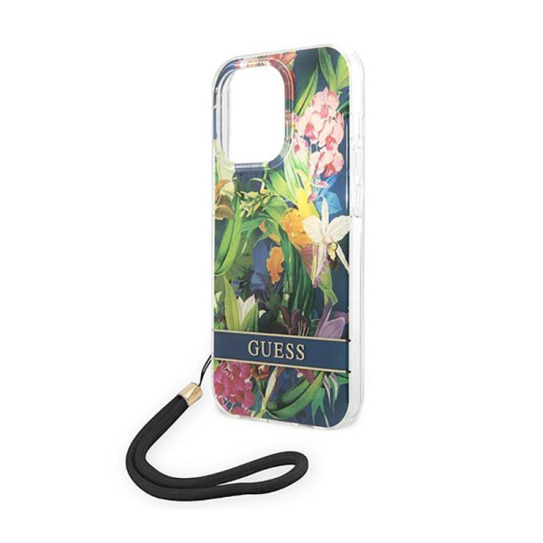 Etui Ze Smyczką Do iPhone 14 Pro Guess Flower Cord Niebieski