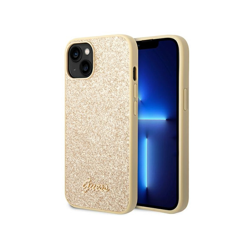 Etui Do iPhone 14 Plus Guess Glitter Flakes Metal Logo Case Złoty