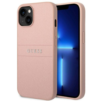 Etui Do iPhone 14 Plus Guess Saffiano Metal Logo Stripes Różowy